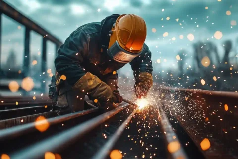 welder working on metal with sparks